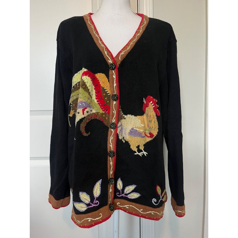 Vtg  J Two New York Rooster Cardigan Button-Up Sweater Size 2XL Chicken Plus